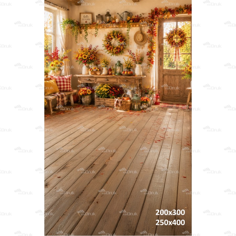 Tło fotograficzne „Przytulny jesienny domek pełen kwiatów” | J_283